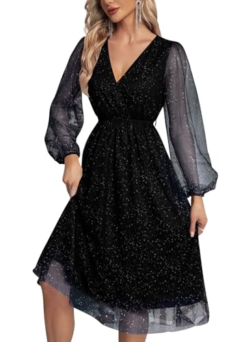 shownicer Damen Glitzer Kleid Elegant V-Ausschnitt Festlich Kleid Langarm Paillettenkleid Glitzer Abendkleid Knielang/Midi Cocktailkleid A-Line Swing Partykleid B Schwarz L von shownicer