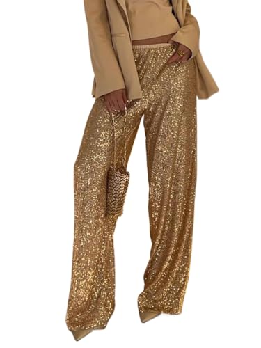 shownicer Damen Glitzer Pailletten Lange Lose Hosen Bling Freizeithose Lässig Elastisch Hohe Taille Business Hosen für Arbeit Büro Party Streetwear A Gold XL von shownicer