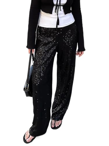 shownicer Damen Glitzer Pailletten Lange Lose Hosen Bling Freizeithose Lässig Elastisch Hohe Taille Business Hosen für Arbeit Büro Party Streetwear A Schwarz M von shownicer
