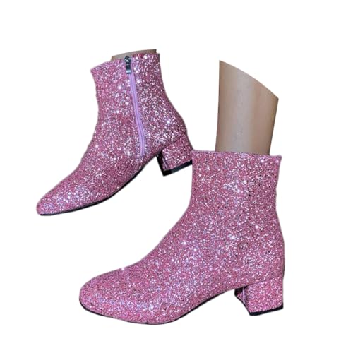 shownicer Damen Glitzer Stiefeletten Bequeme Runde Zehen Kurze Stiefeletten Mode Chunky Heels Ankle Boots Pailletten Schuhe mit seitlicher Reißverschluss A Rosa 43 von shownicer
