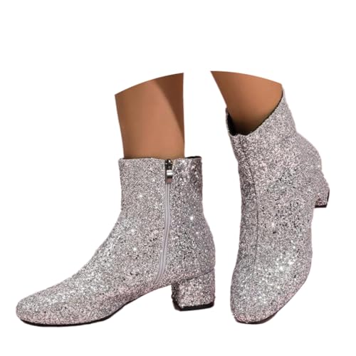 shownicer Damen Glitzer Stiefeletten Bequeme Runde Zehen Kurze Stiefeletten Mode Chunky Heels Ankle Boots Pailletten Schuhe mit seitlicher Reißverschluss A Silber 42 von shownicer