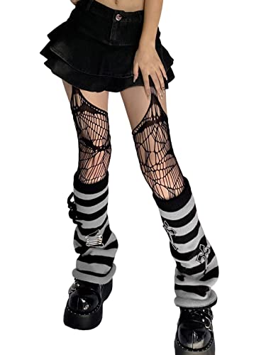 shownicer Damen Gothic Punk Gerippte Gestrickte Beinstulpen Harajuku Japanische Stulpen Studenten Mädchen Kawaii Häkeln Beinwärmer 80er Knee High Foot Cover Winter Beinwärmer H Grau Einheitsgröße von shownicer