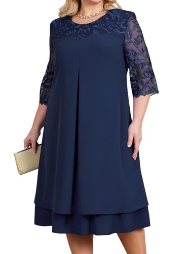 shownicer Damen Große Größe Chiffon Cocktailkleid Elegant Abendkleid für Hochzeit V-Ausschnitt Knielang A-Linie Sommer Kleid A Marine XXL von shownicer