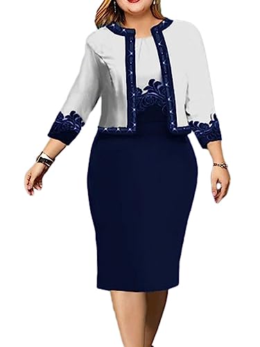 shownicer Damen Große Größen Abendkleid 3/4 Arm Bodycon Kleid Zweiteiliges Set Vintage Print Midi Kleider Bleistiftkleid Cocktailkleid mit Kurz Jacke A Blau XXL von shownicer