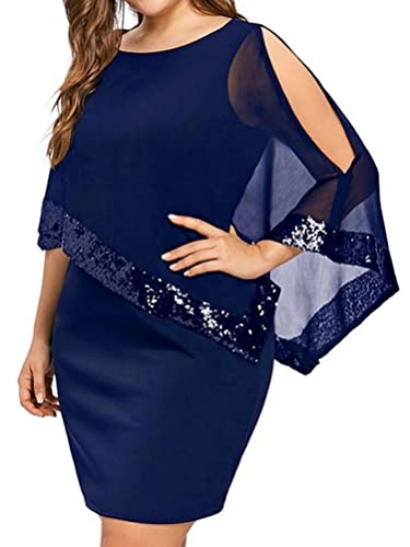 shownicer Damen Große Größen Chiffon Cape Bleistiftkleid Elegant Rundhals Cocktailkleid Abendkleid Bodycon Bleistift Festlich Kleider A Blau XL von shownicer