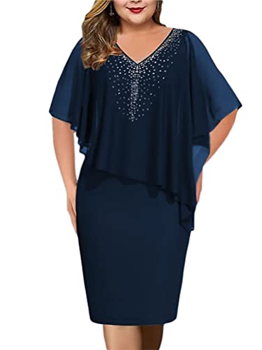 shownicer Damen Große Größen Chiffon Cape Bleistiftkleid Elegant Rundhals Cocktailkleid Abendkleid Bodycon Bleistift Festlich Kleider B Blau XXL von shownicer
