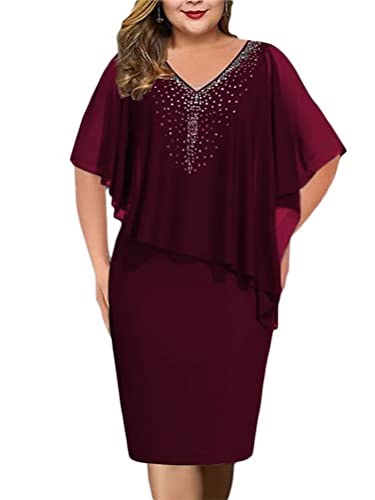 shownicer Damen Große Größen Chiffon Cape Bleistiftkleid Elegant Rundhals Cocktailkleid Abendkleid Bodycon Bleistift Festlich Kleider B Rot 4XL von shownicer