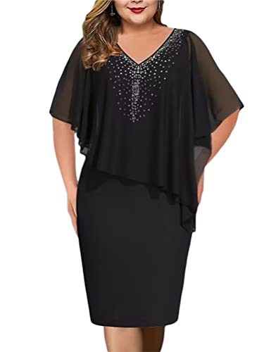 shownicer Damen Große Größen Chiffon Cape Bleistiftkleid Elegant Rundhals Cocktailkleid Abendkleid Bodycon Bleistift Festlich Kleider B Schwarz XL von shownicer