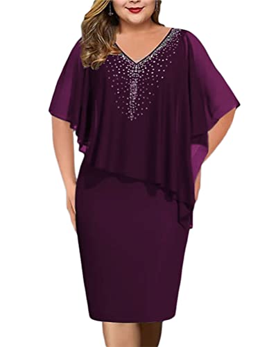 shownicer Damen Große Größen Chiffon Cape Bleistiftkleid Elegant Rundhals Cocktailkleid Abendkleid Bodycon Bleistift Festlich Kleider B Violett XL von shownicer