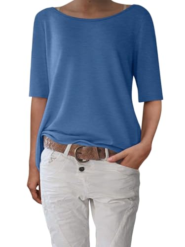 shownicer T-Shirt Damen Halbarm Shirt Elegant U-Boot Ausschnitt Sommer Tshirt Oberteil Basic Tops A Blau L von shownicer