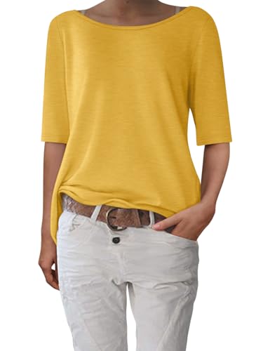 shownicer T-Shirt Damen Halbarm Shirt Elegant U-Boot Ausschnitt Sommer Tshirt Oberteil Basic Tops A Gelb M von shownicer