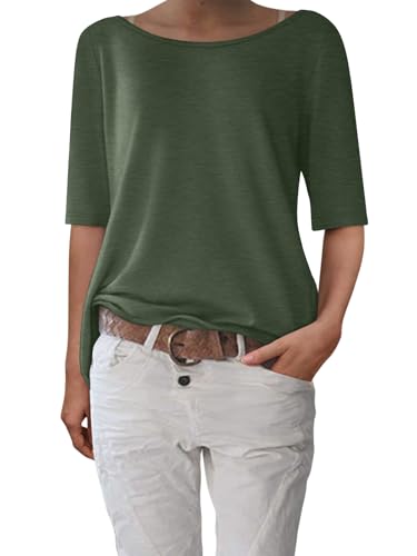 shownicer T-Shirt Damen Halbarm Shirt Elegant U-Boot Ausschnitt Sommer Tshirt Oberteil Basic Tops A Grün S von shownicer