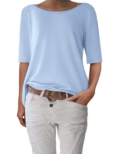 shownicer T-Shirt Damen Halbarm Shirt Elegant U-Boot Ausschnitt Sommer Tshirt Oberteil Basic Tops A Hellblau M von shownicer
