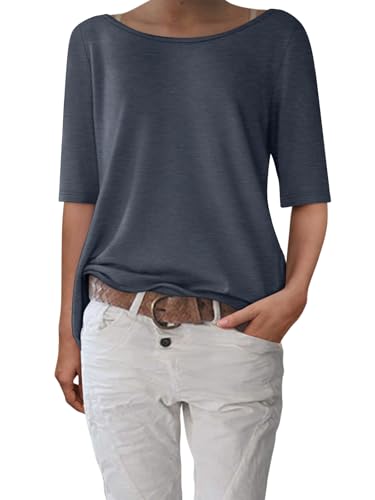 shownicer T-Shirt Damen Halbarm Shirt Elegant U-Boot Ausschnitt Sommer Tshirt Oberteil Basic Tops A Marine XL von shownicer