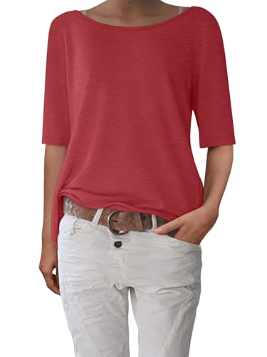 shownicer T-Shirt Damen Halbarm Shirt Elegant U-Boot Ausschnitt Sommer Tshirt Oberteil Basic Tops A Rot XL von shownicer
