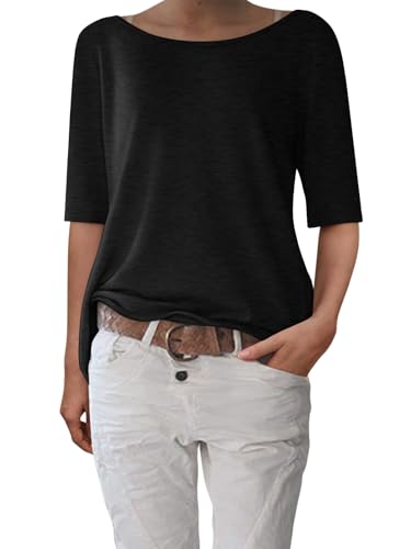 shownicer T-Shirt Damen Halbarm Shirt Elegant U-Boot Ausschnitt Sommer Tshirt Oberteil Basic Tops A Schwarz XXL von shownicer