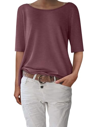 shownicer T-Shirt Damen Halbarm Shirt Elegant U-Boot Ausschnitt Sommer Tshirt Oberteil Basic Tops A Weinrot XL von shownicer
