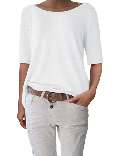 shownicer T-Shirt Damen Halbarm Shirt Elegant U-Boot Ausschnitt Sommer Tshirt Oberteil Basic Tops A Weiß XL von shownicer