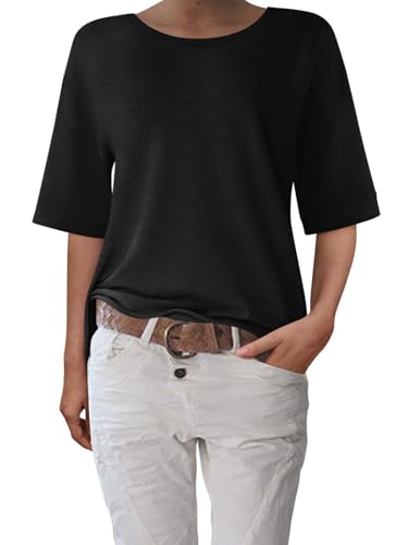 shownicer Damen Halbarm T-Shirt Rundhals Sommer Tshirt Locker Einfarbig Oberteil Basic Tops A Schwarz XXL von shownicer