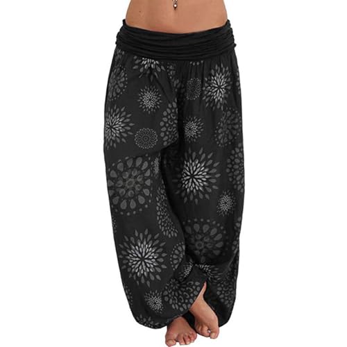 shownicer Damen Haremshose Blumenmuster Sommer Boho Baggy Hose Ballonhose Pluderhose Yogahose Aladinhose Harem Stil mit Elastischen D Schwarz M von shownicer
