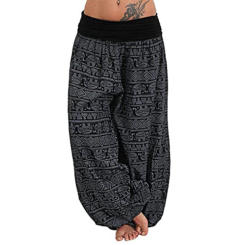 shownicer Damen Haremshose Pumphose Weite Bein Hosen mit Blumenmuster Sommer Beiläufig Yogahosen Loose Hippie Pluderhose Baumwolle Harem Hosen B Schwarz XXL von shownicer