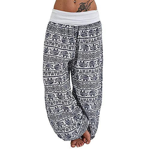 shownicer Damen Haremshose Pumphose Weite Bein Hosen mit Blumenmuster Sommer Beiläufig Yogahosen Loose Hippie Pluderhose Baumwolle Harem Hosen B Weiß XL von shownicer