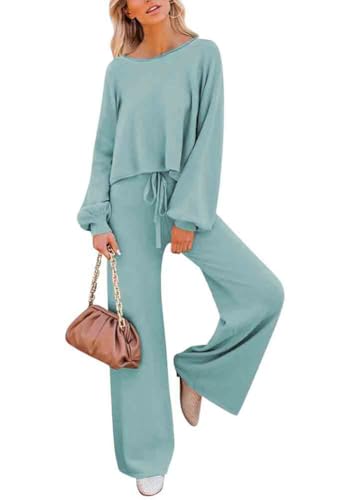 shownicer Damen Hausanzug 2-Teiliges Set Loungewear Langarm Kurz Top Weitem Hose Jogginganzug Zweiteiler Outfit Freizeitanzug Einfarbig Trainingsanzug Sportanzug A Hellgrün XXL von shownicer