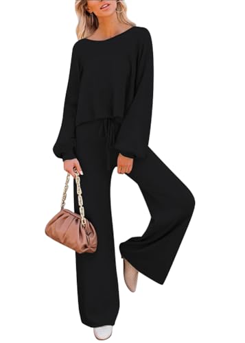 shownicer Damen Hausanzug 2-Teiliges Set Loungewear Langarm Kurz Top Weitem Hose Jogginganzug Zweiteiler Outfit Freizeitanzug Einfarbig Trainingsanzug Sportanzug A Schwarz M von shownicer