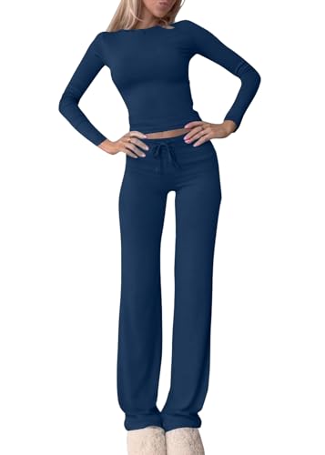 shownicer Damen Hausanzug Langarm Lounge Set Crop Top und Hose Freizeitanzug Slim Fit Loungewear Zweiteiler Outfit Casual Jogginganzug Schmal Yoga Trainingsanzug A Blau L von shownicer