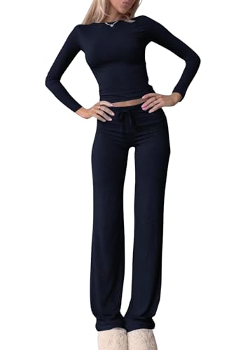 shownicer Damen Hausanzug Langarm Lounge Set Crop Top und Hose Freizeitanzug Slim Fit Loungewear Zweiteiler Outfit Casual Jogginganzug Schmal Yoga Trainingsanzug A Dunkelblau S von shownicer