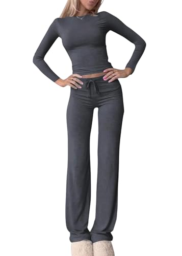shownicer Damen Hausanzug Langarm Lounge Set Crop Top und Hose Freizeitanzug Slim Fit Loungewear Zweiteiler Outfit Casual Jogginganzug Schmal Yoga Trainingsanzug A Dunkelgrau M von shownicer