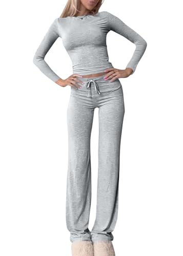 shownicer Damen Hausanzug Langarm Lounge Set Crop Top und Hose Freizeitanzug Slim Fit Loungewear Zweiteiler Outfit Casual Jogginganzug Schmal Yoga Trainingsanzug A Grau S von shownicer