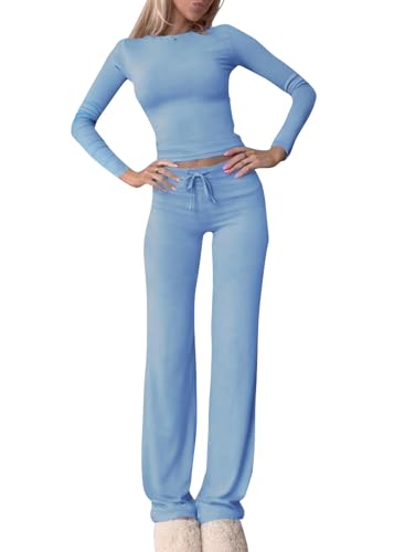 shownicer Damen Hausanzug Langarm Lounge Set Crop Top und Hose Freizeitanzug Slim Fit Loungewear Zweiteiler Outfit Casual Jogginganzug Schmal Yoga Trainingsanzug A Hellblau M von shownicer