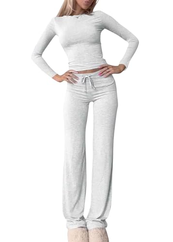 shownicer Damen Hausanzug Langarm Lounge Set Crop Top und Hose Freizeitanzug Slim Fit Loungewear Zweiteiler Outfit Casual Jogginganzug Schmal Yoga Trainingsanzug A Hellgrau S von shownicer