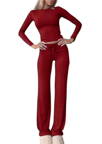 shownicer Damen Hausanzug Langarm Lounge Set Crop Top und Hose Freizeitanzug Slim Fit Loungewear Zweiteiler Outfit Casual Jogginganzug Schmal Yoga Trainingsanzug A Rot L von shownicer