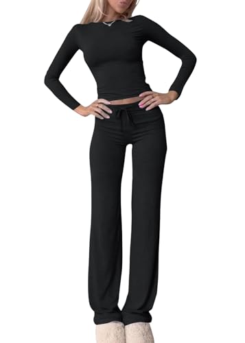 shownicer Damen Hausanzug Langarm Lounge Set Crop Top und Hose Freizeitanzug Slim Fit Loungewear Zweiteiler Outfit Casual Jogginganzug Schmal Yoga Trainingsanzug A Schwarz L von shownicer