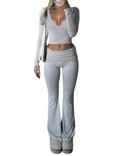 shownicer Damen Hausanzug Langarm Lounge Set Crop Top und Hose Freizeitanzug Slim Fit Zweiteiler Outfit Loungewear Casual Jogginganzug Schmal Yoga Trainingsanzug A Hellgrau M von shownicer