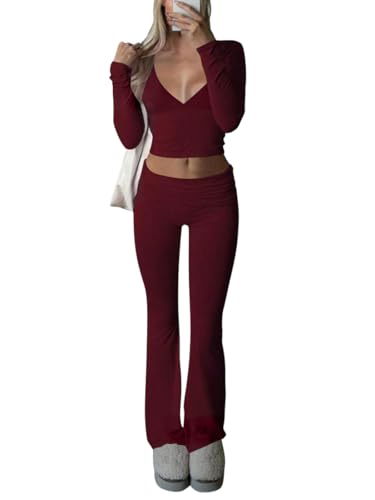 shownicer Damen Hausanzug Langarm Lounge Set Crop Top und Hose Freizeitanzug Slim Fit Zweiteiler Outfit Loungewear Casual Jogginganzug Schmal Yoga Trainingsanzug A Rot XS von shownicer