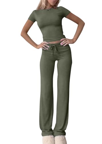 shownicer Damen Hausanzug Lounge Set Kurzarm Crop Top und Hose Freizeitanzug Slim Fit Loungewear Zweiteiler Outfit Casual Jogginganzug Schmal Yoga Trainingsanzug A Armeegrün S von shownicer