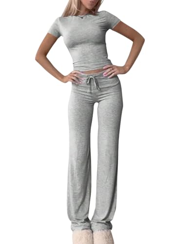 shownicer Damen Hausanzug Lounge Set Kurzarm Crop Top und Hose Freizeitanzug Slim Fit Loungewear Zweiteiler Outfit Casual Jogginganzug Schmal Yoga Trainingsanzug A Grau M von shownicer