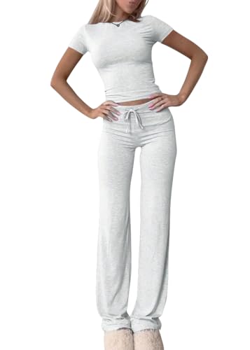 shownicer Damen Hausanzug Lounge Set Kurzarm Crop Top und Hose Freizeitanzug Slim Fit Loungewear Zweiteiler Outfit Casual Jogginganzug Schmal Yoga Trainingsanzug A Hellgrau S von shownicer