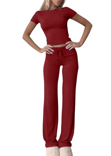 shownicer Damen Hausanzug Lounge Set Kurzarm Crop Top und Hose Freizeitanzug Slim Fit Loungewear Zweiteiler Outfit Casual Jogginganzug Schmal Yoga Trainingsanzug A Rot XS von shownicer