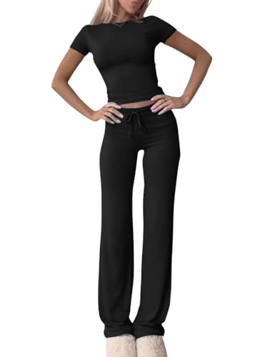 shownicer Damen Hausanzug Lounge Set Kurzarm Crop Top und Hose Freizeitanzug Slim Fit Loungewear Zweiteiler Outfit Casual Jogginganzug Schmal Yoga Trainingsanzug A Schwarz M von shownicer