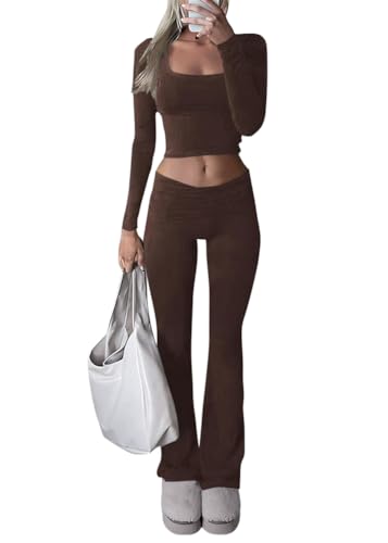 shownicer Damen Hausanzug Lounge Set Langarm Crop Top und Hose Freizeitanzug Slim Fit Loungewear Zweiteiler Outfit Casual Jogginganzug Schmal Yoga Trainingsanzug A Braun S von shownicer