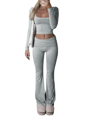 shownicer Damen Hausanzug Lounge Set Langarm Crop Top und Hose Freizeitanzug Slim Fit Loungewear Zweiteiler Outfit Casual Jogginganzug Schmal Yoga Trainingsanzug A Grau M von shownicer