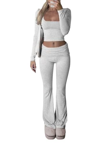 shownicer Damen Hausanzug Lounge Set Langarm Crop Top und Hose Freizeitanzug Slim Fit Loungewear Zweiteiler Outfit Casual Jogginganzug Schmal Yoga Trainingsanzug A Hellgrau XS von shownicer