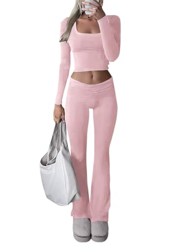 shownicer Damen Hausanzug Lounge Set Langarm Crop Top und Hose Freizeitanzug Slim Fit Loungewear Zweiteiler Outfit Casual Jogginganzug Schmal Yoga Trainingsanzug A Rosa L von shownicer