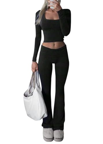 shownicer Damen Hausanzug Lounge Set Langarm Crop Top und Hose Freizeitanzug Slim Fit Loungewear Zweiteiler Outfit Casual Jogginganzug Schmal Yoga Trainingsanzug A Schwarz L von shownicer