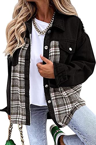 shownicer Damen Hemdjacke Karierte Jeansjacke Shacket Revers Langarm Knopfleiste Oversize Holzfällerjacke Hemdbluse Karohemd Denim Mantel Flanell Jacke Button Down Shirts A Schwarz XXL von shownicer