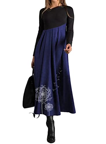 shownicer Damen Herbst Winter Freizeit Langarm Maxi Boho Print Kleid Elegante Pulloverkleid Langarm Lose Rundhals Tunika Kleid Hohe Taille Swing Maxikleid B Blau XL von shownicer